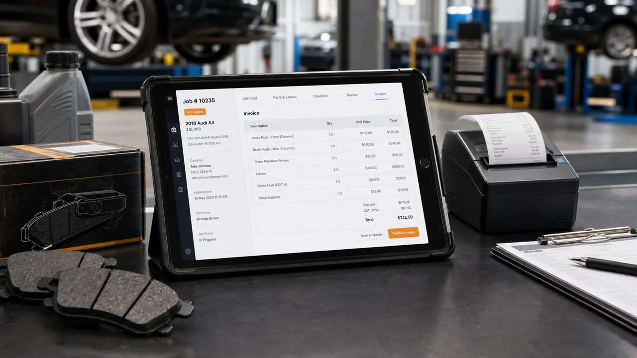 Workshop tablet showing an invoice beside parts and a receipt printer