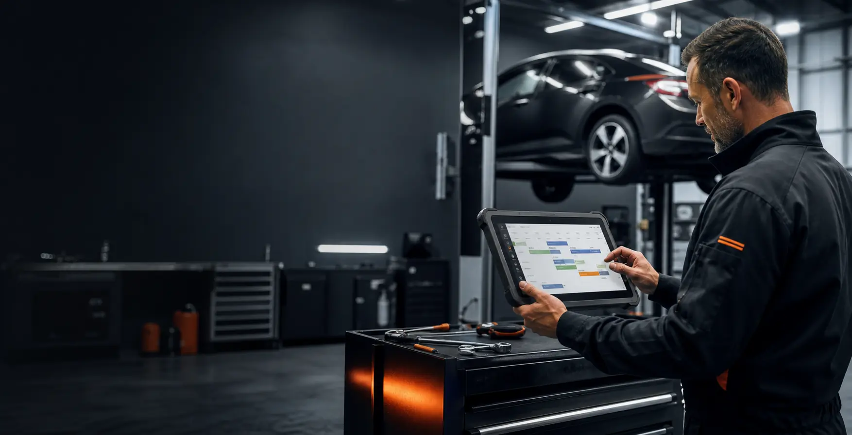 Mechanic using a workshop tablet beside a car on a lift